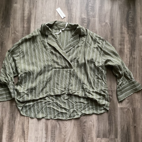 Anthropologie The Dylon Long Sleeve Wide Placket Green Stripe Blouse Women's XXS - Picture 2 of 6